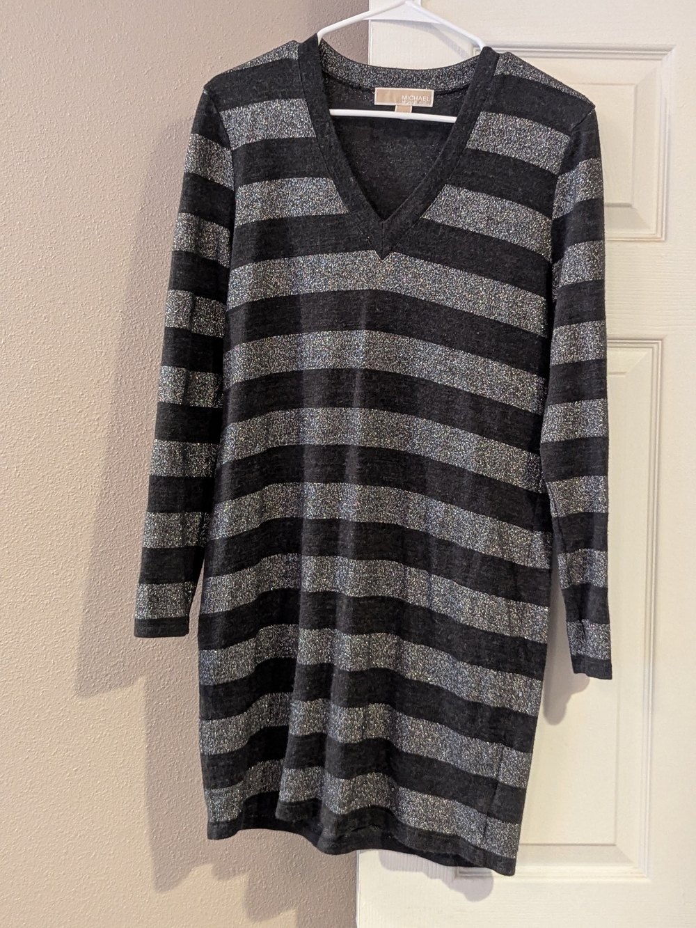 Michael Kors Black and Silver Striped V-Neck Sweater Dress